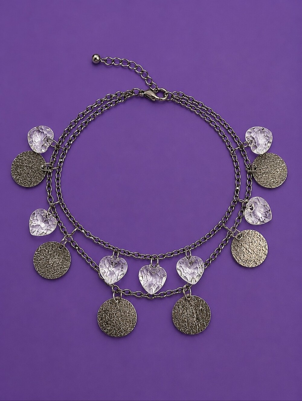 3/$30 Vintage Gunmetal Acrylic Heart & Stardust Disc Charm Layered Bracelet